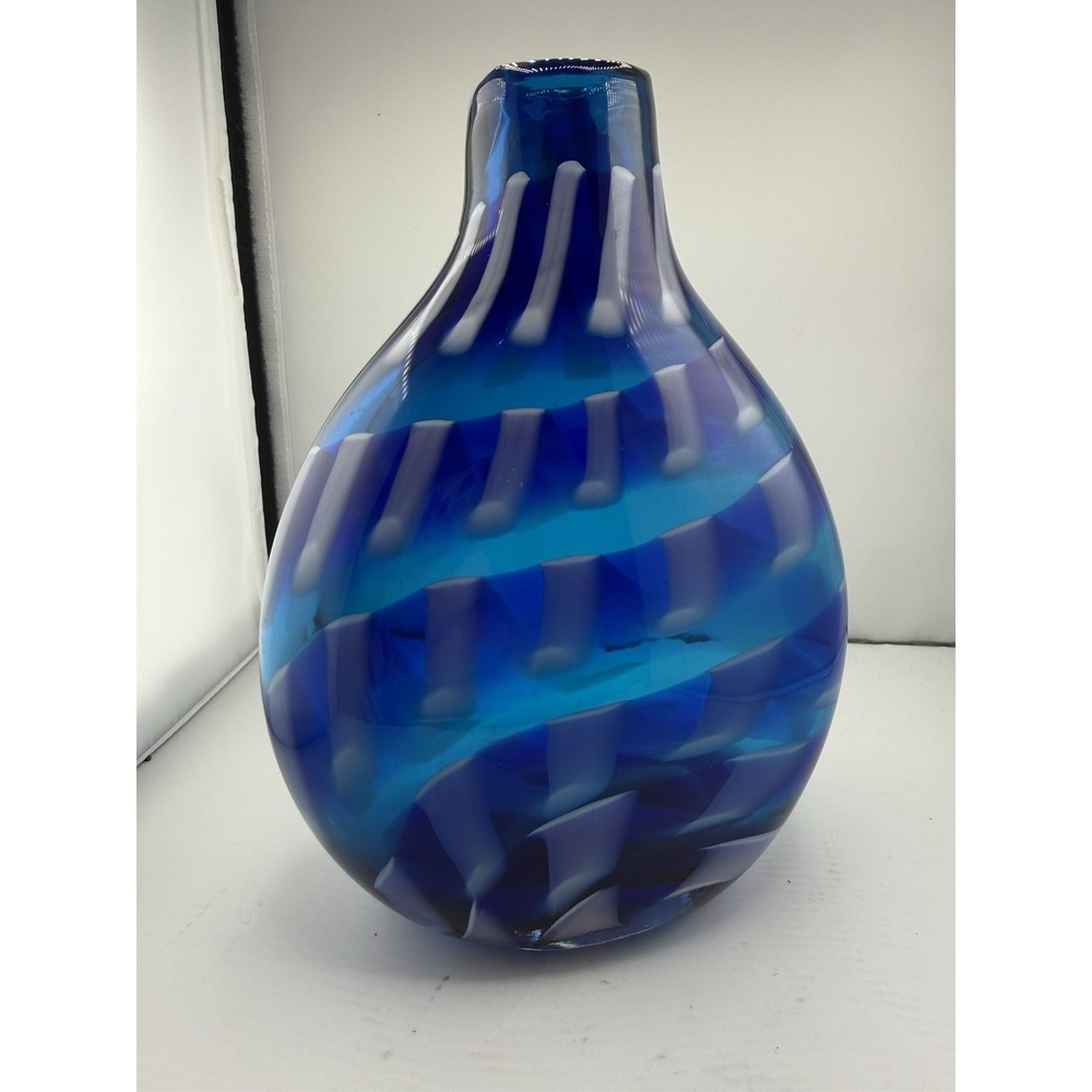 Crate & Barrel Mykonos Glass Bud Vase Hand Blown Vibrant Blue White Pattern 8.5"